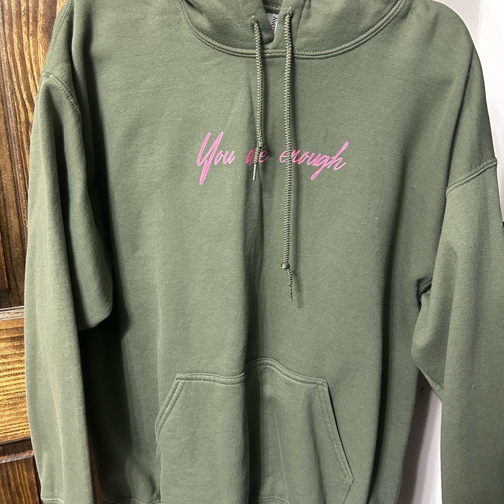 Green Hoodie with Pink Text